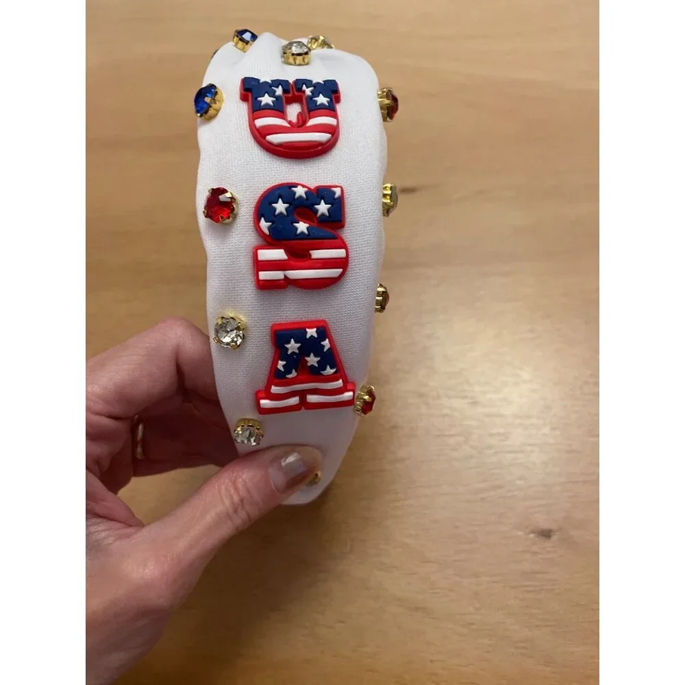 New Women’s 3-D 🇺🇸 USA American flag Lettering with Jewels Rhinestones 💎 Head